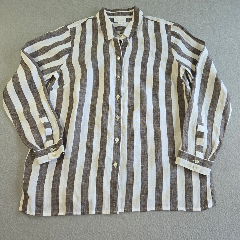 J. Jill Love Linen Shirt Womens S Petite Brown White Striped Button Down L/S
